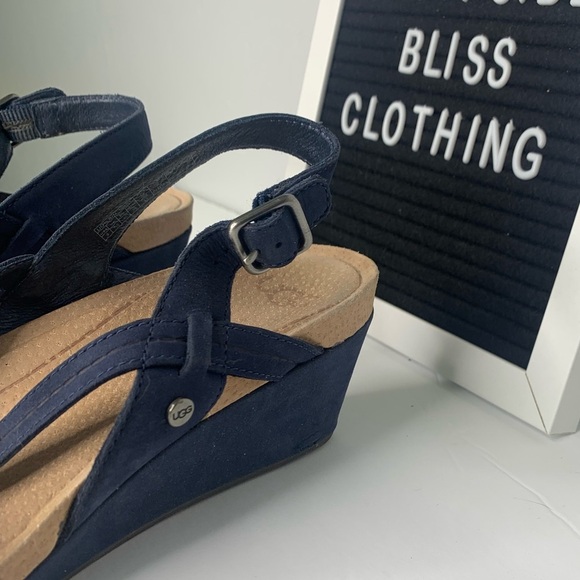 Ugg Kenley Navy Leather Strappy Slingback Wedges Size 9 - Picture 5 of 12